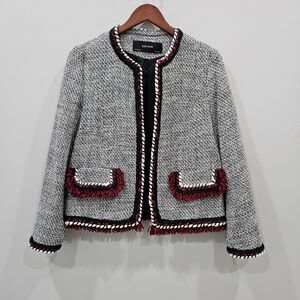 Zara Tweed Open-Front Blazer in Black, White & Red Trim